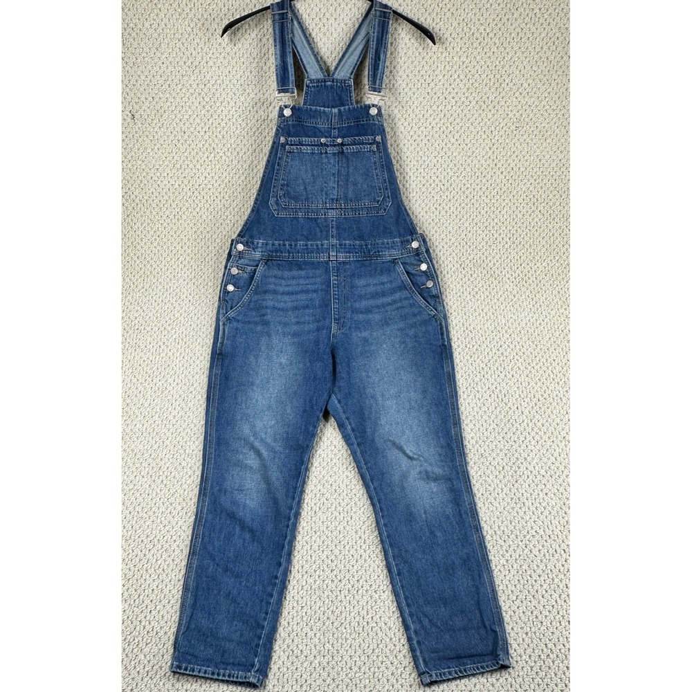GAP Denim Bibs Womens M Indigo Blue Slouchy Overalls Utility Pockets Whiskered